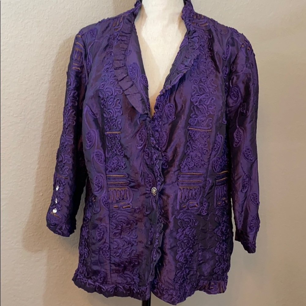 Agora Purple Embroidered Satin Blazer